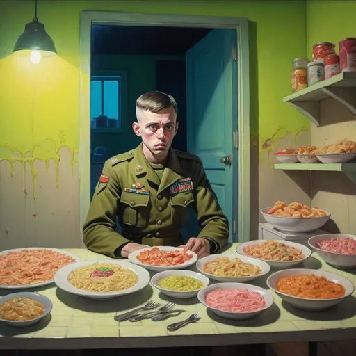 Prompt: a soldier situated adjacent to a room full of food, glaring fluorescence, scraped tissue accentuating the background, in the style of margaret keane
