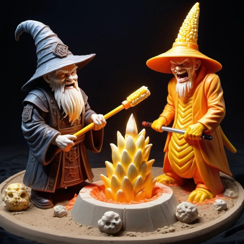 Prompt: a wizard and a samurai grilling corn standing at the base of a hole in the ground, incendiary lasers, fanged maw, canadian soap carving, highly advanced 2D/3D conversion, memphis style
