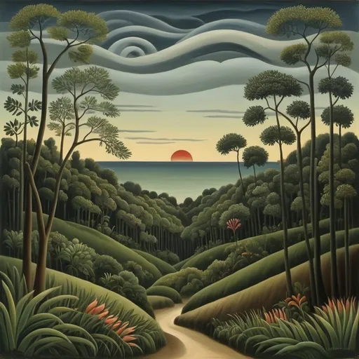 Prompt: roaring deceiver, swelled incisions marking the horizon, in the style of henri rousseau
