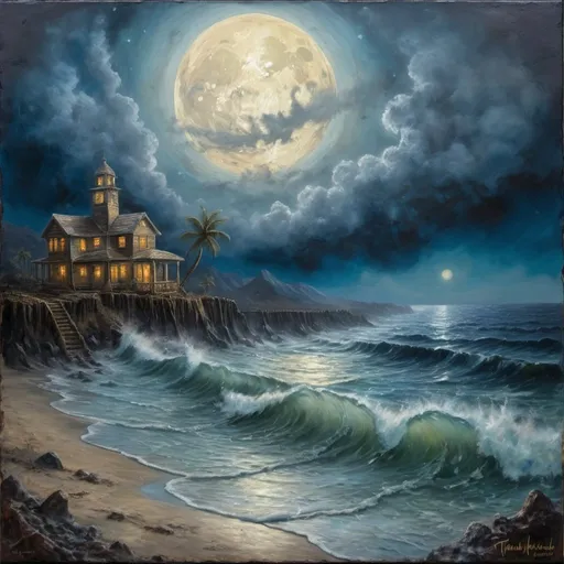 Prompt: fetid holocaust in a immense gulf, beaconing moonlight, crawling residues peppering the backdrop, honduran encaustic painting, in the style of thomas kinkade
