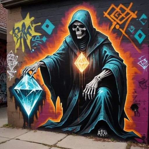 Prompt: dead tombkeeper, incandescent diamond, neomodernist urban graffiti
