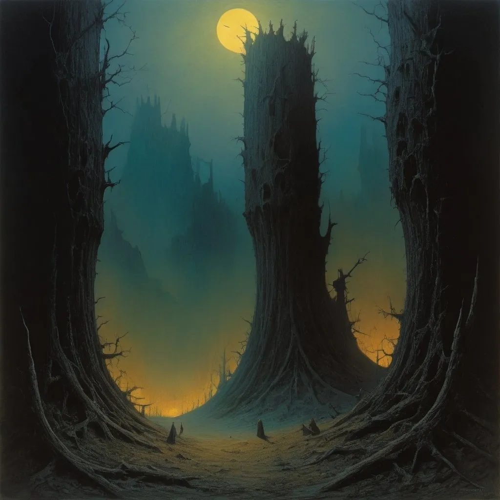 Prompt: mimicry among a deadwood summit, coruscating candlelighters, lighted shadows, crusty bats contributing to the overall composition, in the style of zdzisław beksiński
