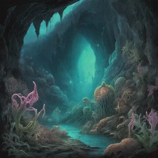 Prompt: critical nostril maggot behind a landscape, eerie bioluminescence in a cavern; exotic flora and fauna