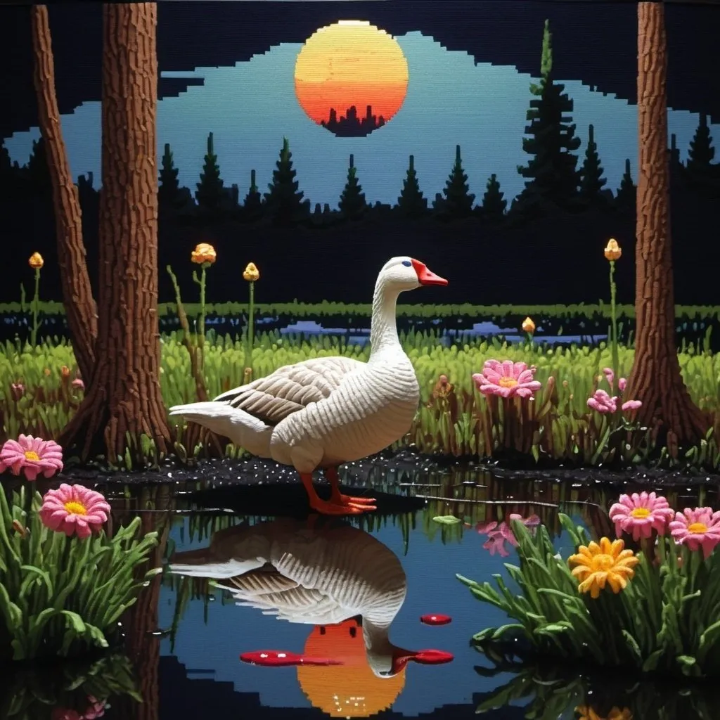 Prompt: a goose urinating toward a swamp, glossy diffusion, coruscant nightlights, gory flowers complementing the mood, needlepoint, in the style of stanley kubrick
