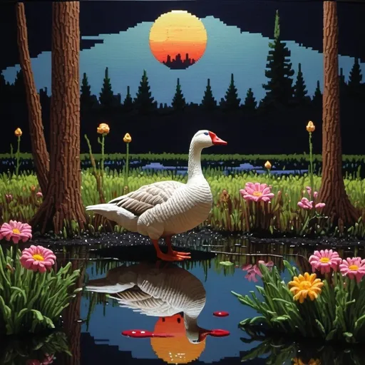 Prompt: a goose urinating toward a swamp, glossy diffusion, coruscant nightlights, gory flowers complementing the mood, needlepoint, in the style of stanley kubrick
