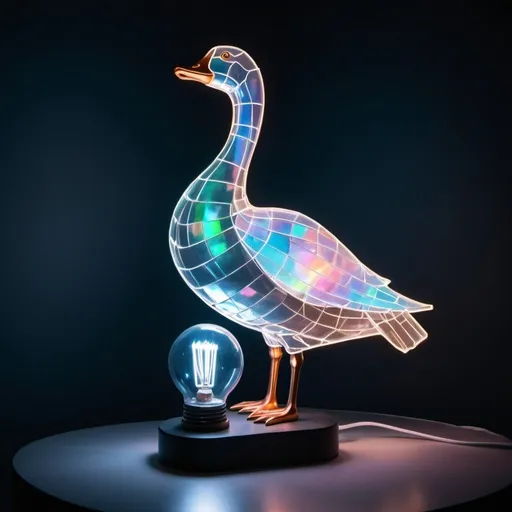 Prompt: a goose, illuminant electric lamp, holographic garbage accentuating the focal point, in the style of daniel simon
