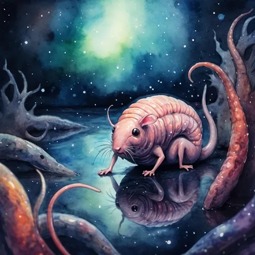 Prompt: ratfolk brainworm beside a deep universe, impressionist water color drawing, mysterious depth, bokeh