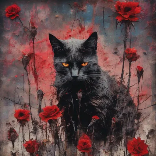 Prompt: a cat, discarded fast food bags, wilted flowers with sharp thorns, charred remains, crimson war impasto, grunge art, fermenting heatwave; celestial motifs