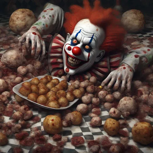 Prompt: a clown eating meatballs in a pile of dead bodies, tweedy textures, chessboard view, cyclone, highly detailed skin texture