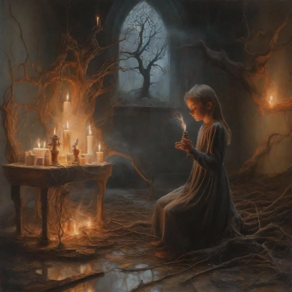 Prompt: a polish girl and a burning baby next to a church, haunting holograms, demonic skylight shadows, rusty, dripping faucet, twisted tree roots, arcane oil painting alchemy, candlelit spa retreat