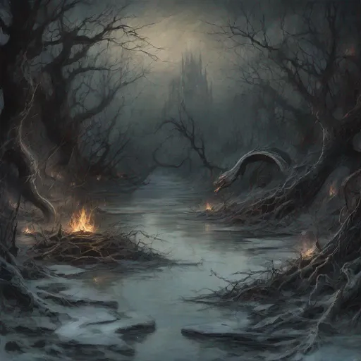 Prompt: broken serpent in front of a ghost thicket, haunting torchlit pathways, dreaded dungeon dimness, gothic painting, icy river reflections; grilling debris