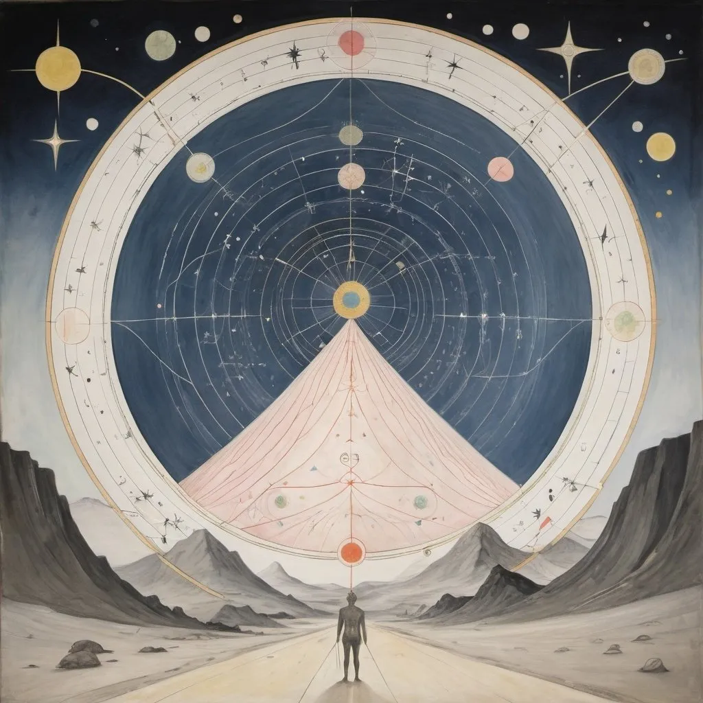 Prompt: human troll guarded by a rune mountain, projected constellations, rayonnism, in the style of hilma af klint, inspiring meticulousness, unrivalled shading
