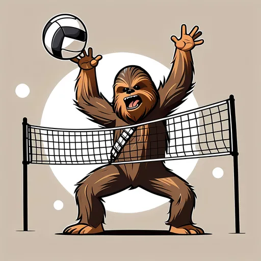 Prompt: Chewbacca in a cartoon style hitting a volleyball spike mid-air over the net. His hands are hitting the ball from up to down. He's also in a jump

