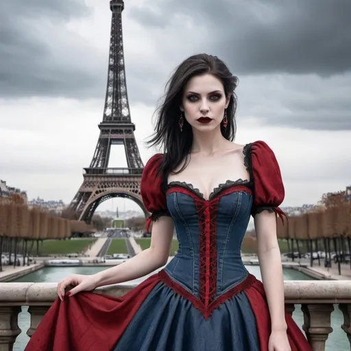 Prompt: a drawing of the Vampire Queen in a dress in front of the eiffel tower in paris, france, Celia Fiennes, gothic art, fantasy style, realistic image and photo quality. denim black and red dress