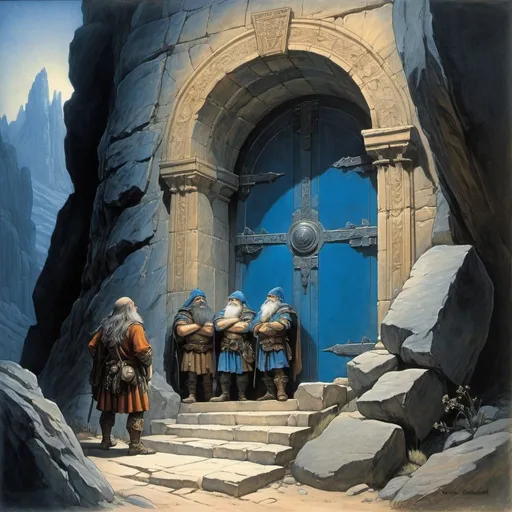 Prompt: realistic, landscape, oils painting, three black-haired adventurous dwarves stand on a narrow mountain ledge on a sheer escarpment infront of a large stone door etched with images of a sinewy sphinx, a sealed tomb, gothic, ancient, fine lines of neon blue magic chase the etchings on the door, forbidden, the dwarves shield their eyes in amazement, Hildebrandt, Gustav Dore, Arthur Rackham, masterpiece, dramatic lighting, fantasy art work
