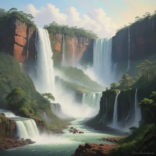 Prompt: realistic, landscape, oils painting, dim lighting, a mighty waterfall flowing over an escarpment, forested, peaceful, masterpiece, fantasy world version of Iguazu Falls
