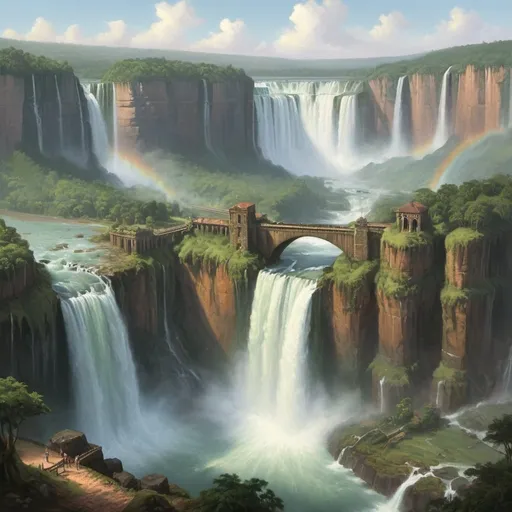 Prompt: realistic, landscape, oils painting, dim lighting, a mighty waterfall flowing over an escarpment, forested, peaceful, masterpiece, fantasy world version of Iguazu Falls set in a european climate, several small medieval towns are visible below the falls, flying earth islands connected by stone arch bridges hover infront of the escarpment face each has one of the medieval towns built atop it
