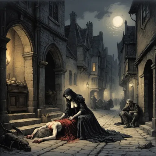 Prompt: realistic, landscape, lithograph, masterpiece, dark lighting, a feral female vampire crouches over the body of a poor merchant whose blood she has just drank, gothic city street, torch light, cloudy, duotone colour, Gustav Dore, ARthur Rackham, Jerome Opena
