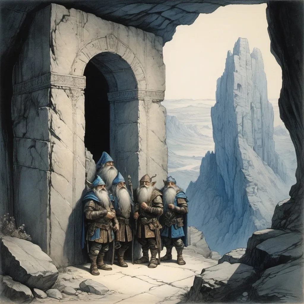 Prompt: realistic, panoramic landscape, lithograph, three young black-haired adventurous dwarves stand on a narrow mountain ledge on a sheer escarpment infront of a large stone door etched with images of a sinewy sphinx, a sealed tomb, gothic, ancient, fine lines of neon blue magic chase the etchings on the door, forbidden, the dwarves shield their eyes in amazement, Gustav Dore, Arthur Rackham, masterpiece, dramatic lighting, fantasy art work
