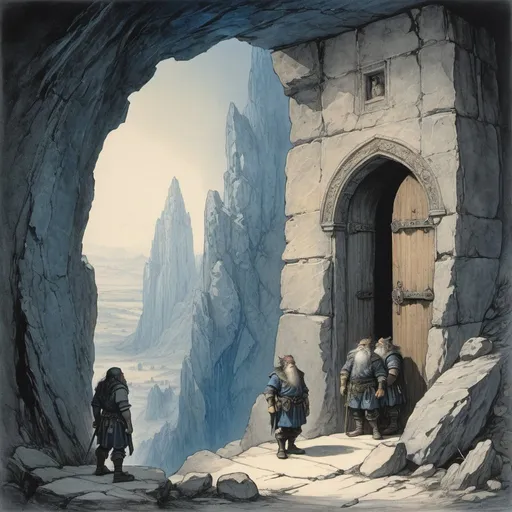 Prompt: realistic, panoramic landscape, lithograph, three young black-haired adventurous dwarves stand on a narrow mountain ledge on a sheer escarpment infront of a large stone door etched with images of a sinewy sphinx, a sealed tomb, gothic, ancient, fine lines of neon blue magic chase the etchings on the door, forbidden, the dwarves shield their eyes in amazement, Gustav Dore, Arthur Rackham, masterpiece, dramatic lighting, fantasy art work
