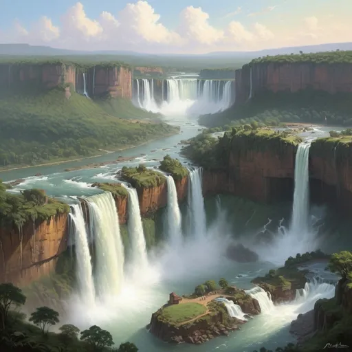 Prompt: realistic, landscape, oils painting, dim lighting, a mighty waterfall flowing over an escarpment, forested, peaceful, masterpiece, fantasy world version of Iguazu Falls set in a european climate, several small medieval towns are visible below the falls, earth motes connected by stone arch bridges hover infront of the escarpment face
