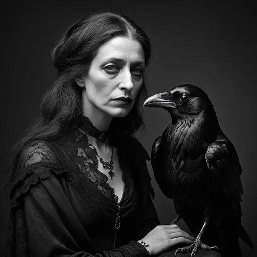 Prompt: realistic, portrait, photograph, masterpiece, dark lighting, Black and white Annie Leibowitz photo of a raven, moody, gothic
