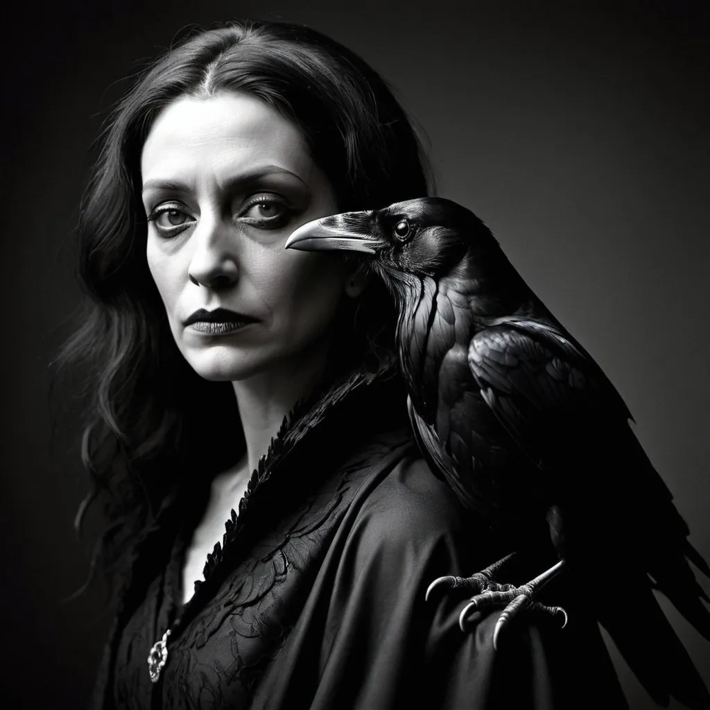 Prompt: realistic, portrait, photograph, masterpiece, dark lighting, Black and white Annie Leibowitz photo of a raven, moody, gothic
