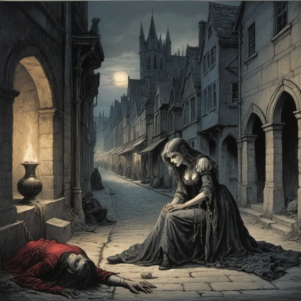 Prompt: realistic, landscape, lithograph, masterpiece, dark lighting, a feral female vampire crouches over the body of a poor merchant whose blood she has just drank, gothic city street, torch light, cloudy, duotone colour, Gustav Dore, ARthur Rackham, Jerome Opena
