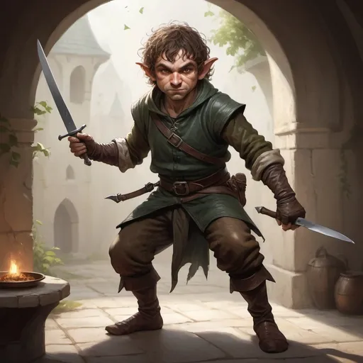 Prompt: fantasy character full body portrait, natural light, detailed illustration, a halfling thief spinning a knife on one of his fingertips