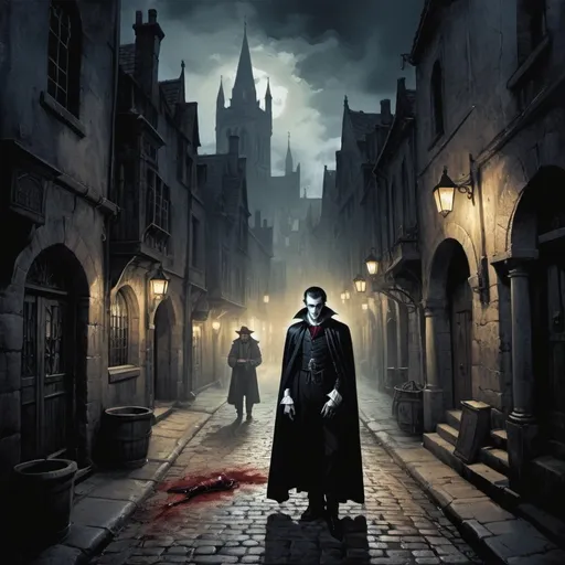 Prompt: realistic, landscape, lithograph, masterpiece, dark lighting, a vampire has finished draining the blood from a poor merchant, gothic city street, torch light, cloudy, duotone colour
