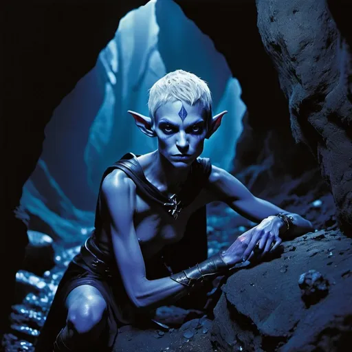 Prompt: realistic, portrait, lithograph, masterpiece, dark lighting, Annie Leibowitz photos of a dark elf assassin in a dark cavern lit only by neon blue and purple fungi that have grown on the rock surfaces, there is a deep sense of foreboding captured in the elf's expression
