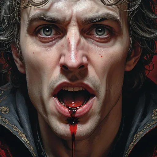 Prompt: hyper realistic, portrait, lithograph, masterpiece, dark lighting, extreme close up of a drop of blood clearly showing the reflection of the vampire that just took the life of a young man, fantasy horror, Gustav Dore, Arthur Rackham, Jerome Opena
