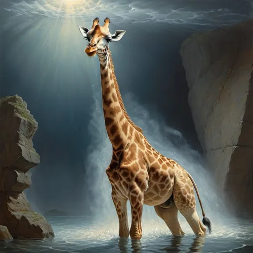 Prompt: illustration, portrait, oil painting, masterpiece, voluminous lighting, a giraffe enters the water fluidly after performing a high dive, Tony Sart, Gustav Dore
