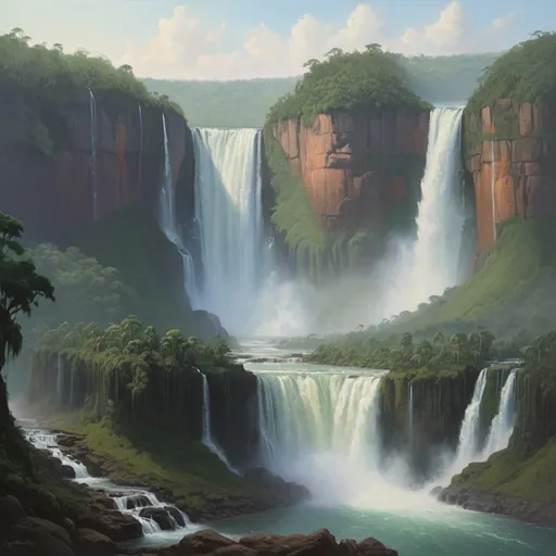 Prompt: realistic, landscape, oils painting, dim lighting, a mighty waterfall flowing over an escarpment, forested, peaceful, masterpiece, fantasy world version of Iguazu Falls
