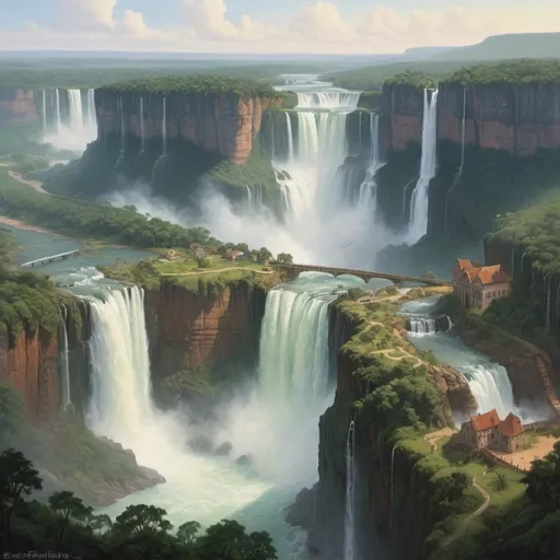Prompt: realistic, landscape, oils painting, dim lighting, a mighty waterfall flowing over an escarpment, forested, peaceful, masterpiece, fantasy world version of Iguazu Falls set in a european climate, several small medieval towns are visible below the falls, flying earth islands connected by stone arch bridges hover infront of the escarpment face each has one of the medieval towns built atop it
