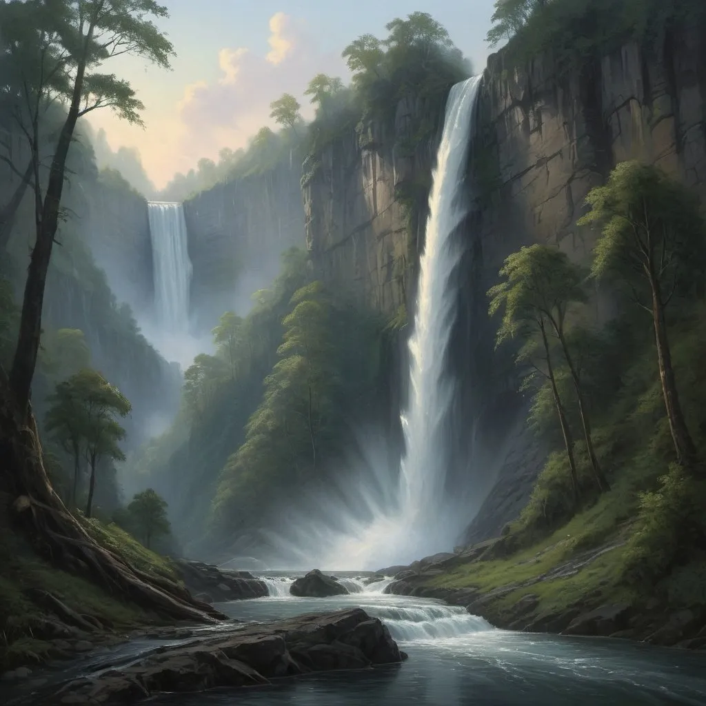 Prompt: realistic, landscape, dim lighting, a mighty waterfall flowing over an escarpment, forested, peaceful, painting, masterpiece, fantasy world
