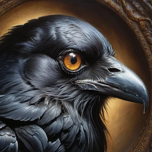 Prompt: illustration, portrait, oil painting, masterpiece, voluminous lighting, close up of a raven's eye, Tony Sart, Gustav Dore
