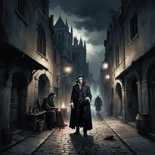 Prompt: realistic, landscape, lithograph, masterpiece, dark lighting, a vampire has finished draining the blood from a poor merchant, gothic city street, torch light, cloudy, duotone colour
