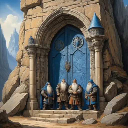 Prompt: realistic, landscape, oils painting, three medieval dwarves stand on a mountain ledge infront of a large stone door etched with images of a sinewy sphinx, a sealed tomb, gothic, ancient, tracery of neon blue magic defines the etching on the door, forbidden, the dwarves shield their eyes in amazement, Hildebrandt, Gustav more, Arthur Rackham, masterpiece, dramatic lighting, fantasy art work
