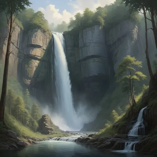 Prompt: realistic, landscape, dim lighting, a mighty waterfall flowing over an escarpment, forested, peaceful, painting, masterpiece, fantasy world
