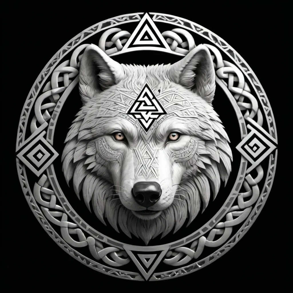 Prompt: "Generate an image of a Valknut symbol, intricately designed using the forms of one wolf and two bears. The wolf should be central and prominent, with the bears positioned symmetrically on either side, all interwoven to form the three interlocking triangles of the Valknut. Ensure the design is detailed and balanced, highlighting the strength and unity of the animals."