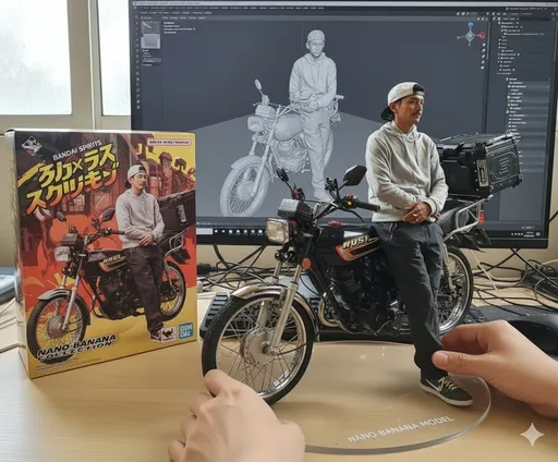 Prompt: Google gemini prompt

Using the nano-banana model, create a 1/7 scale p figurine of the characters in the picture, in a realistic style, in a real environment. The figurine is placed on a computer desk. The figurine has a rounda transparent acrylic base,evitheao texton the base. The content on the computer screen is the Zbrush modeling process of this figurine.
Next to the computer screen is a BANDAI-style toy packaging box printed with the original artwork., The packaging features two-dimensional flat illustrations. Two hands holding the figure to see it.