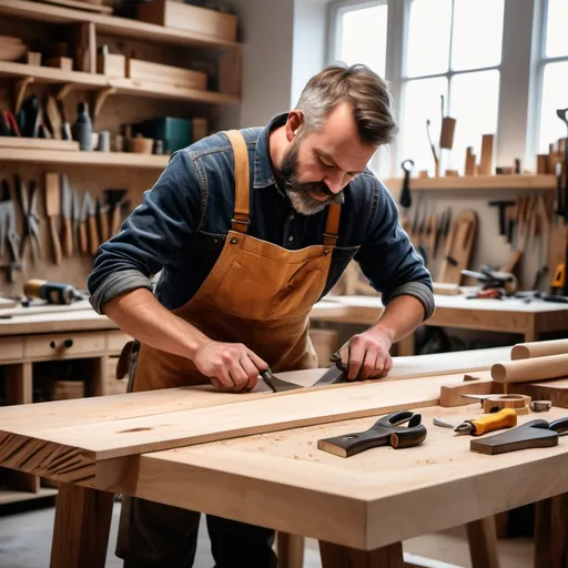 Prompt: Create an image of a skilled carpenter crafting a bespoke wooden table in a workshop filled with tools and materials.