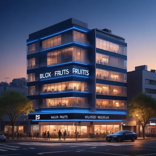 Prompt: (ultra-detailed) image of a building titled "Blox Fruits Museum," glowing text prominently displayed, twilight sky transitioning to deep blue, surrounded by a lively cityscape with warm ambient lights, inviting atmosphere, rich details of architecture, modern vibe, high quality, (4K), with bustling streets reflecting the evening glow.