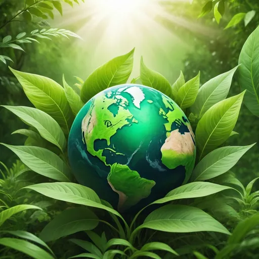 Prompt: (environmental awareness image), (vibrant green tones), lush greenery, eco-friendly themes, sustainable lifestyle elements, nature in harmony, peaceful atmosphere, bright natural light, high-quality 4K detail, serene and uplifting ambiance, promoting awareness and care for the planet, a world thriving with life, colorful flora and fauna, grassroots activism