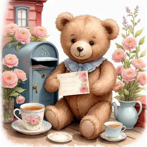 Prompt: Teddy bear with cup of tea and mailbox with flowers, vintage Annabel Spenceley style, mail art vignette, storybook illustration, highres, detailed, vintage, charming, cozy, whimsical, pastel colors, soft lighting, nostalgic, floral motifs, detailed fur, quaint, vintage tea set, mail art, classic storytelling, charming setting