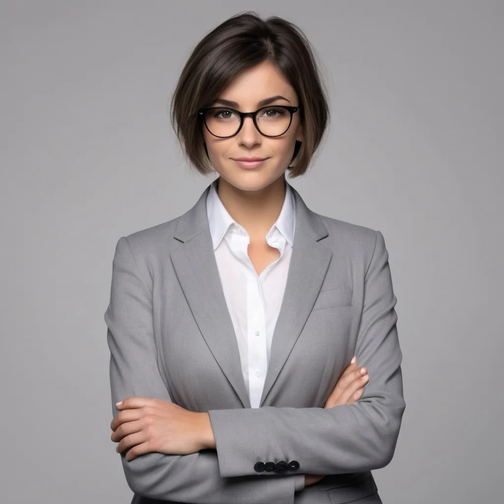 Prompt: Presentadora de informativos, morena, pero corto y gafas negras redondas. Va con camisa blanca, abrochada por completo y americana de color gris. De aspecto realista y natural. Mira de frente