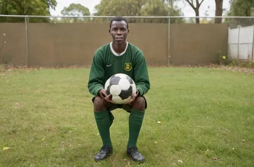 Prompt: a man in a green uniform holding a soccer ball in a yard with trees in the background and a fence in the foreground, Bruce Onobrakpeya, heidelberg school, full body portrait, a character portrait