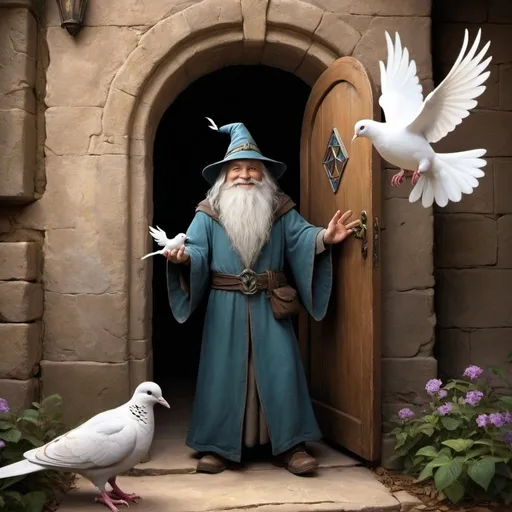 Prompt: Fantasy art. Doorway is an entry to another world. A smiling wizard stands in that doorway with a dove in his hand.  