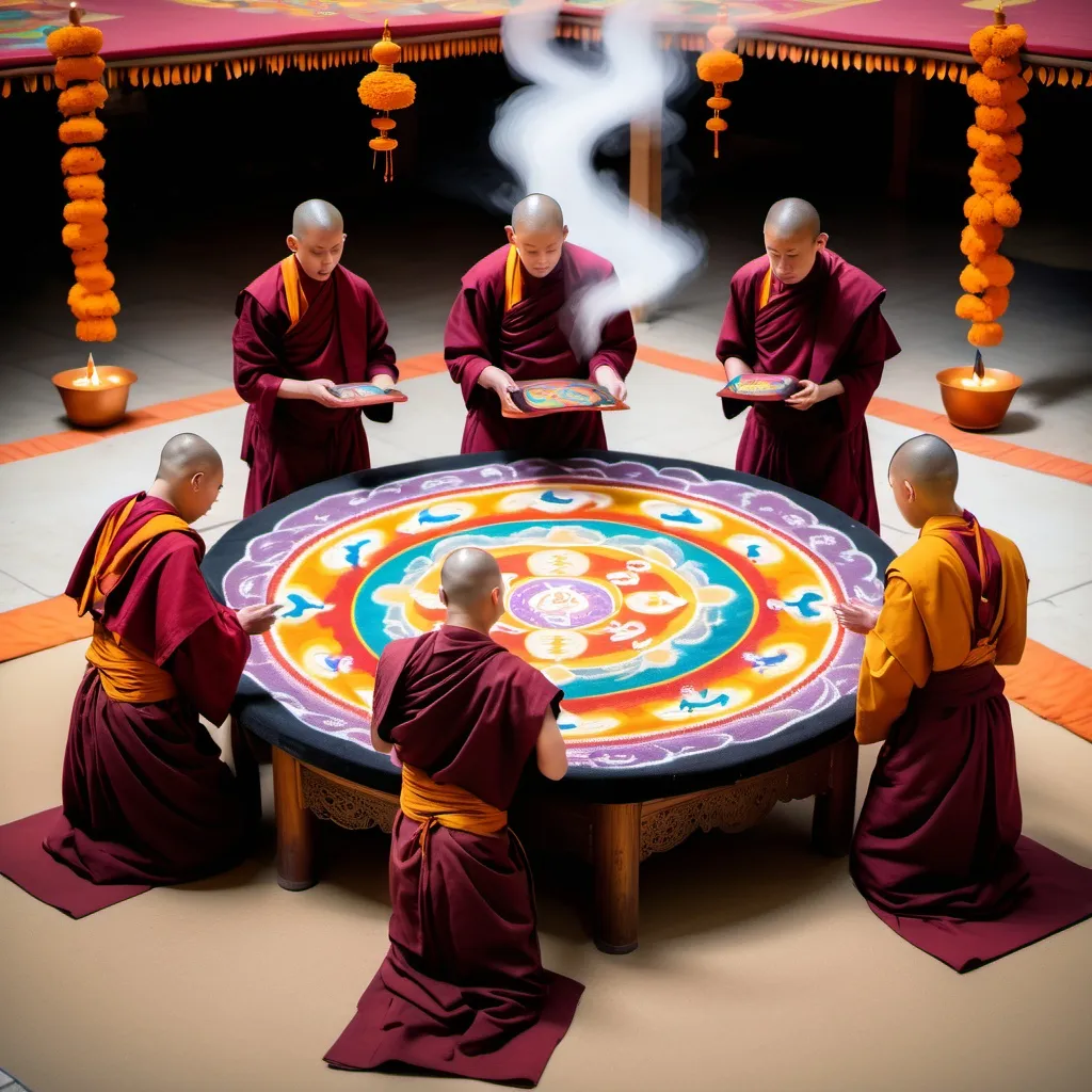 Prompt: Four monks standing around a sand mandala on a table while spooky ghosts fly above them